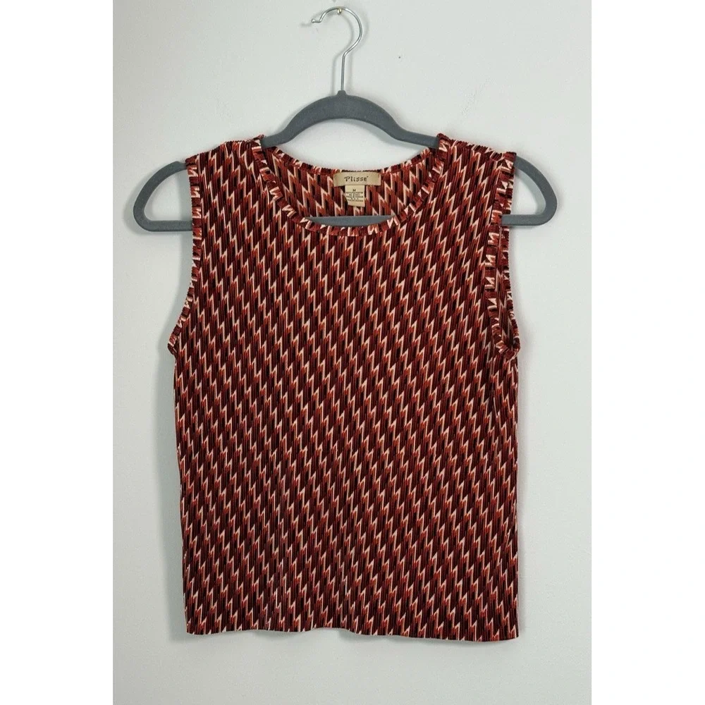 Vintage‎ Plisse Red Patterned Textured Top Y2k 90's Womens Sz M Retro Style